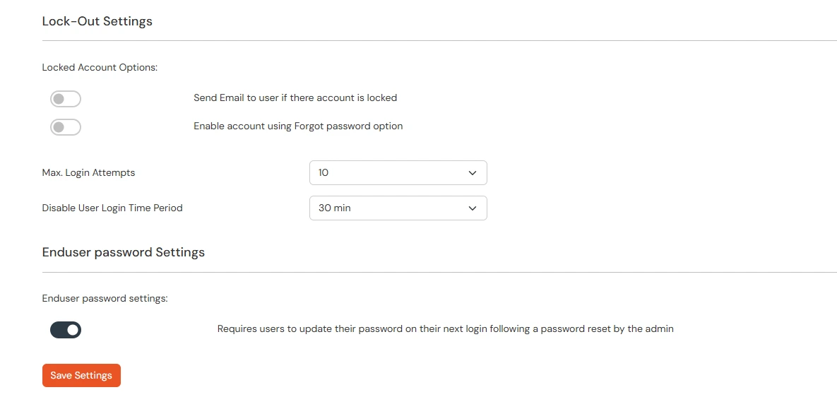 miniorange Identity Platform Admin Handbook: Lock-Out Settings and Enduser Password Settings